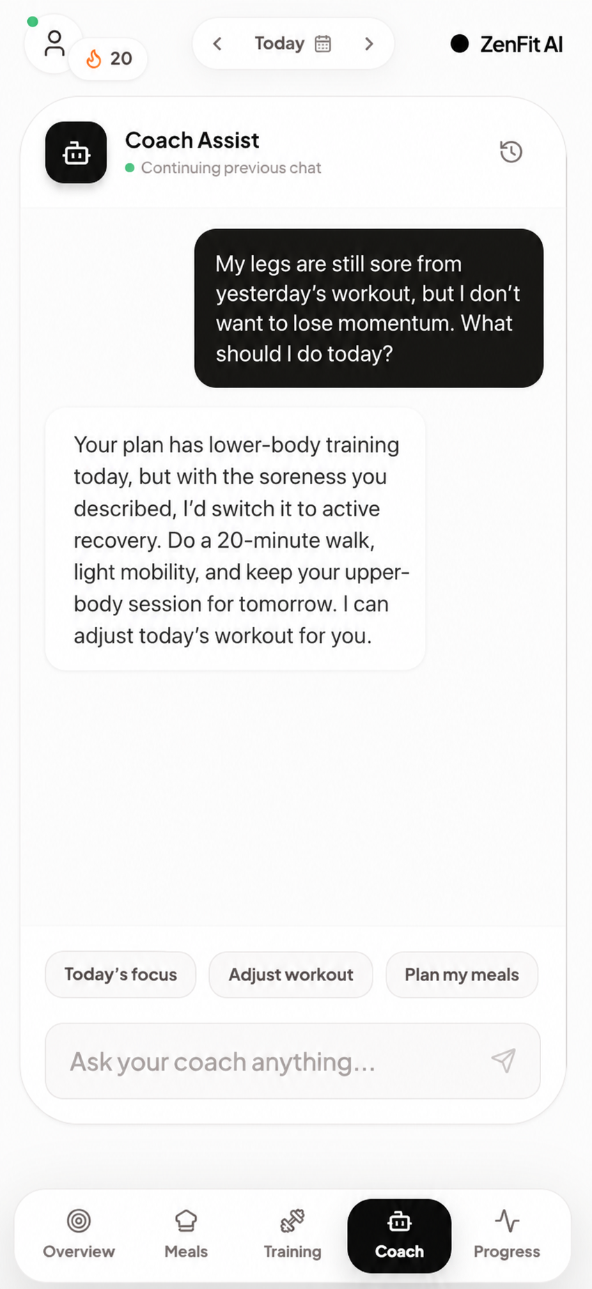 ZenFit AI Coach screen showing a plan-aware recovery conversation and suggested prompts