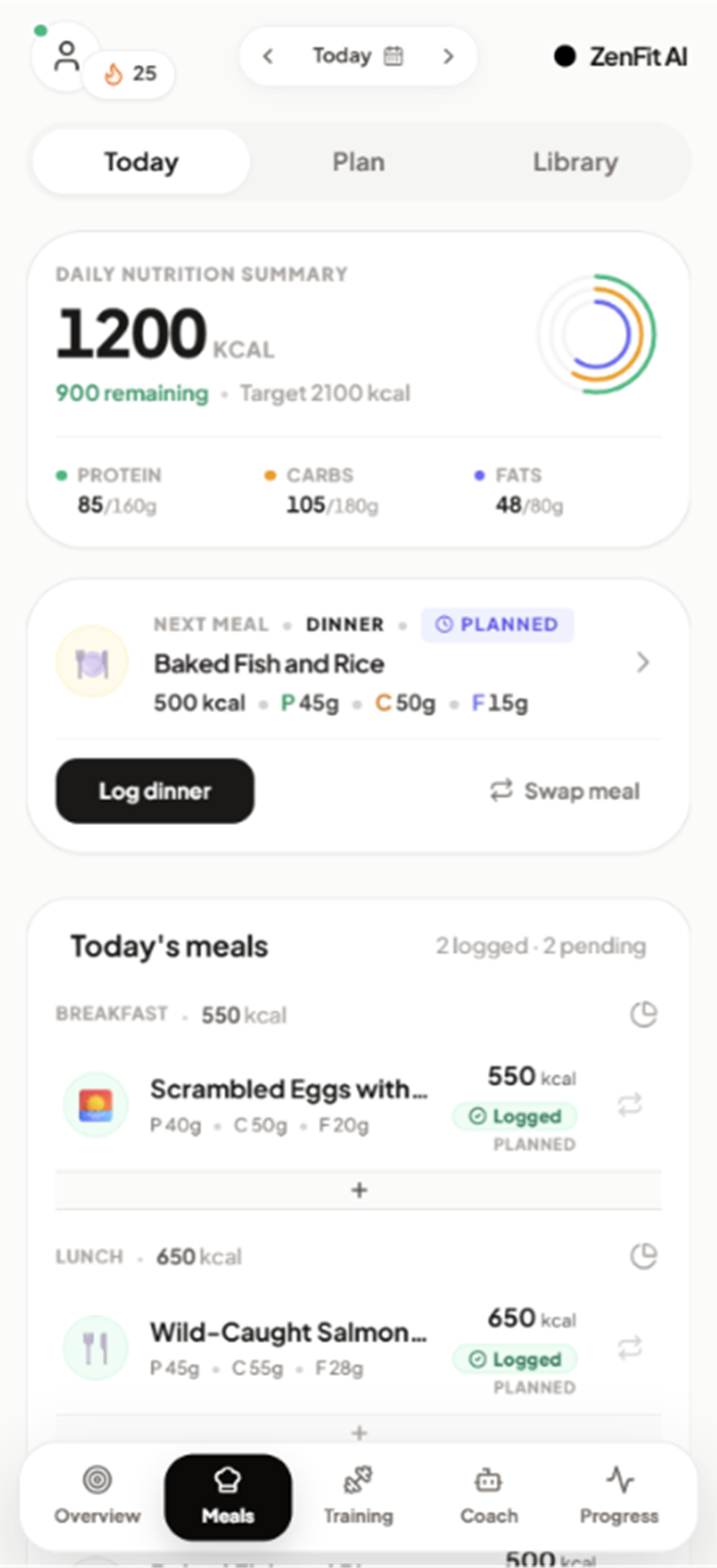 ZenFit AI meals screen showing nutrition summary, next meal, logging actions, and daily meals