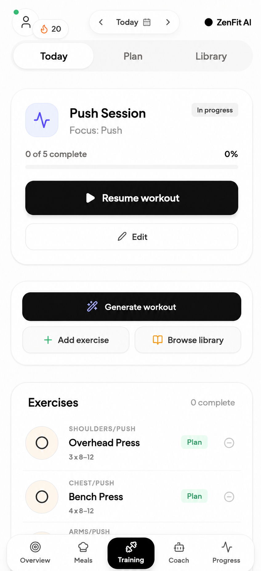 ZenFit AI training screen showing a push workout, training actions, and exercise list