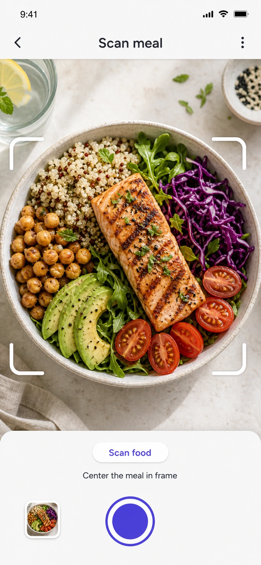 ZenFit AI scan meal screen showing a salmon grain bowl ready to analyze